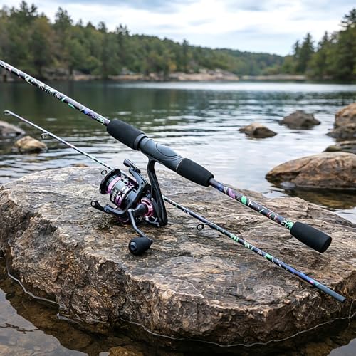 Sougayilang Fishing Rod Reel Combo, 2 Pieces Light Weight Spinning Rod with Bright Powerful Smooth Fishing Reel,Good Starter Combo for Bass Freshwater - color: Colorful