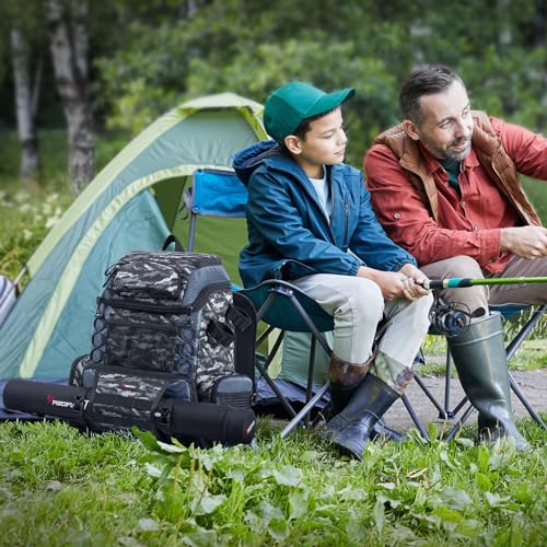 Piscifun Fishing Tackle Backpack with Rod Holders & 4 Tackle Boxes, 42L Outdoor Fishing Bag with Waterproof Rain Cover - color: Balck Camouflage