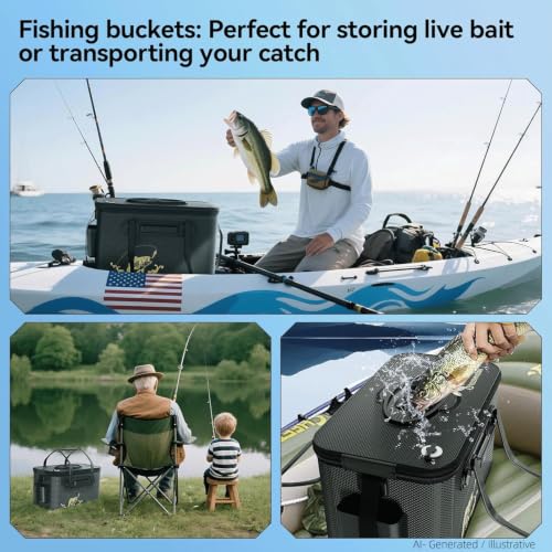 Fishing Bucket Foldable, 6Gallon/8Gallon/10Gallon,Live Fish Container Multi-Functional Live Fish Bait Bucket,for Fishing, Camping, Moving - color: Black-a