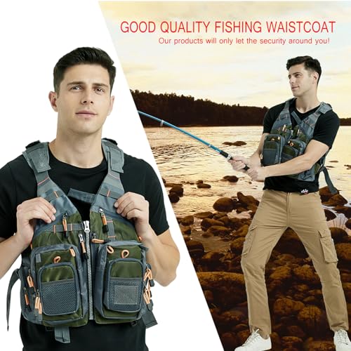 Obcursco Fly Fishing Vest for Men and Women with Breathable Mesh, Trout Fishing Gear, for Outdoors Stream Fishing - color: Army Green