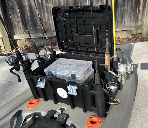 Kayak Fishing Crate - 6 Integrated Rod Pole Holders, Tackle Box Accessory Storage Area and Tray with Lockable Lid - No Assembly Required!