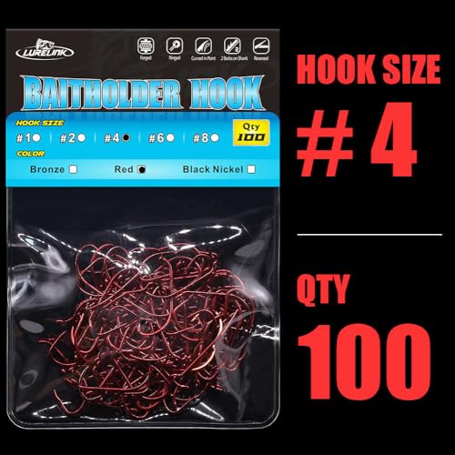 Baitholder Fishing Hooks 100 Pack - Double-Barbed Long Shank for Bluegill Bass Trout Walleye Black/Red, 8/0-#8 - color: 1-Red, size: Size:4 100-Pack