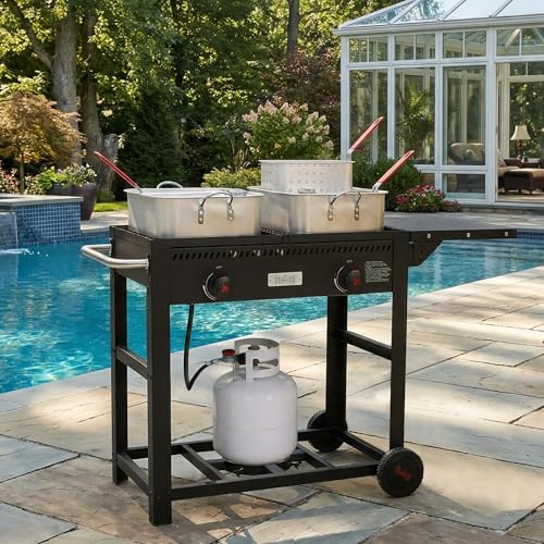 Feasto Outdoor Propane Deep Fryer with Movable Cart, 36 QT 2-Burner Stove | 100,000 BTU Total, 2 x 18QT Aluminum Pots, 1 x 18QT Basket & 2 x 9QT Frying Baskets, Portable Fryer for Fish, Fries & Chicken - size: 36 qt