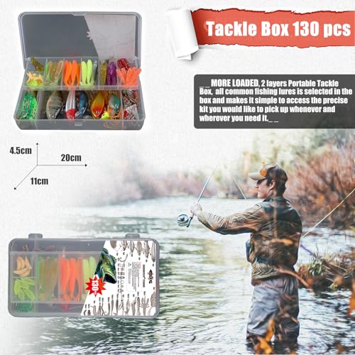 EXAURAFELIS Fishing Lures Tackle Kit, Mixed Hard & Soft Baits Metal Spoons Fishing Accessories for Bass Trout Pike Freshwater Saltwater Fishing - color: 130pcs