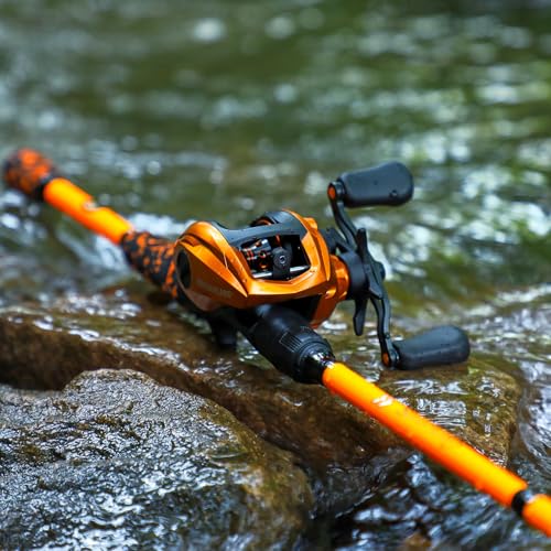 Sougayilang Baitcaster Combo – IM7 Graphite M/MH 2-Piece Travel Rod, 6.3:1 High-Speed Reel,18LB Drag for Bass, Catfish, Trout, Panfish - size: Orange-Right handle-7'00''-Medium Heavy