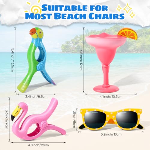 8 Pcs Towel Clips for Beach Chairs, Jumbo Size Beach Towel Clips Windproof Grip Secure Hang Towel Holder Clothes Pins Decorative Towel Clips for Pool, Cruise, Patio, Holiday Travel(Flamingo Style) - style: Style:Flamingo+Parrot+Sunglasses+Cocktail