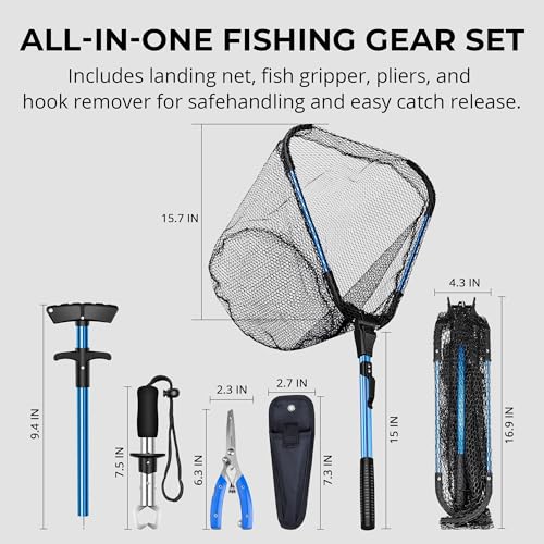 Foldable Kayak Landing Net Kit, 4PCS Fishing Tool Set | With Pliers, Fish Gripper & Hook Remover for Kayak Fishing, Boating, Shore Fishing, Freshwater & Saltwater - color: Blue 4pcs Fishing Tools Kits