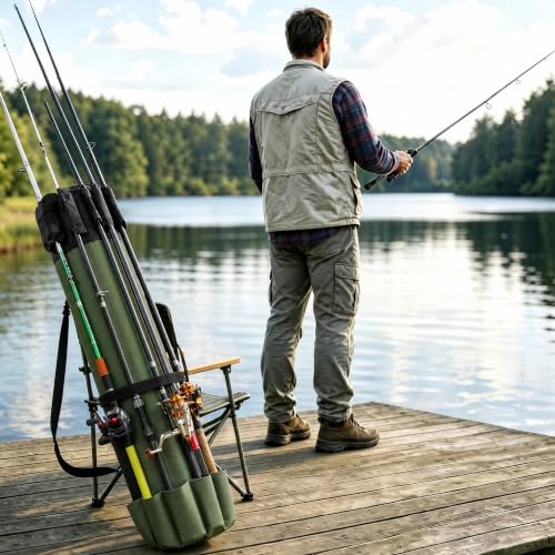 AGOOL Fishing Pole Bag with Rod Holder Fishing Rod Bag, 5 Rod & Reel Organizer Bag Waterproof Large Capacity Fishing Tackle Storage Bag Travel Carry Case Fishing Gifts for Men - color: Khaki Green