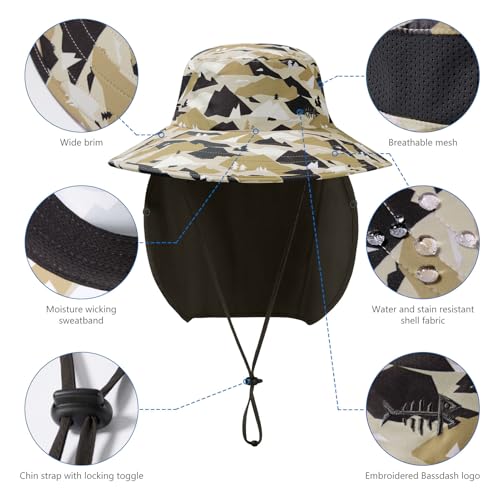 BASSDASH UPF 50+ Breathable Sun Hat with Removable Face Cover and Neck Flap Wide Brim Bucket Hat for Fishing Hiking Men Women - color: Mountain Camo/Dark Green