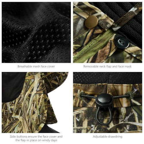 BASSDASH UPF 50+ Breathable Sun Hat with Removable Face Cover and Neck Flap Wide Brim Bucket Hat for Fishing Hiking Men Women - color: Marshreed