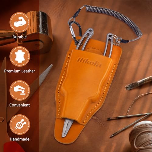 Fishing Pliers Sheath with Spring Steel Belt Clip and Coiled Lanyard, Cowhide Leather Holsters for Most Fishing Pliers