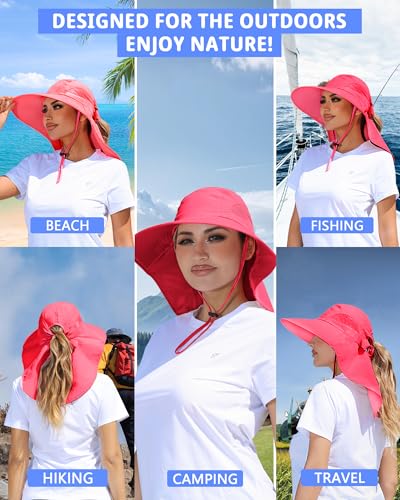 Womens Sun Hat Outdoor UV Protection Wide Brim Fishing Hat with Ponytail Hole Neck Flap for Beach Hiking Camping - color: Watermelon Red