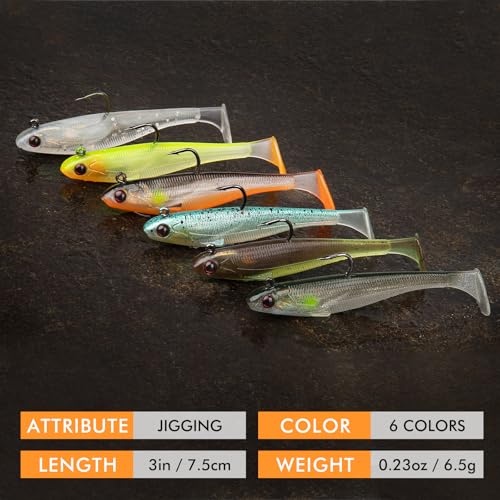 TRUSCEND Shadtale Easy Catch Soft Fishing Lures with BKK Hooks - Trembly Sinking and Vibrating Swim for More Bites, Pre-Rigged Swimbaits for Bass, Trout, Crappie, Walleye, Freshwater Saltwater Fishing - color: 3",0.23oz