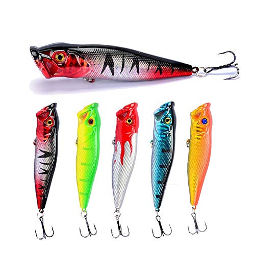 5pcs Fishing Bass Lures Popper Lure Shallow Swimbait Crankbait with Treble Hook 3D Fishing Eyes for Bass Trout Freshwater and Saltwater