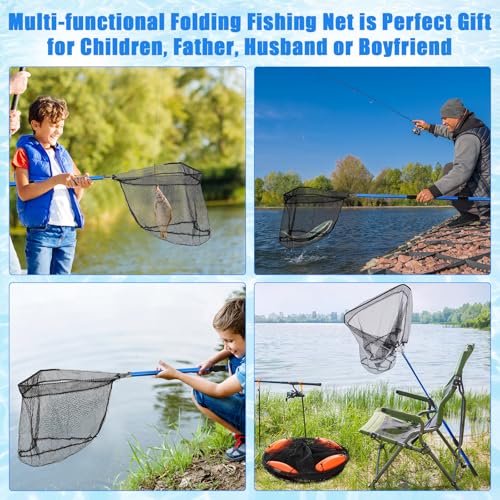 Lasnten 2 Pcs Extra Large Foldable Floating Fish Basket for Live Caught Net Collapsible Floating Fishing Basket with Long Robust Telescopic Handle Rubber Mesh Net Bait for Bait Live Well Storage