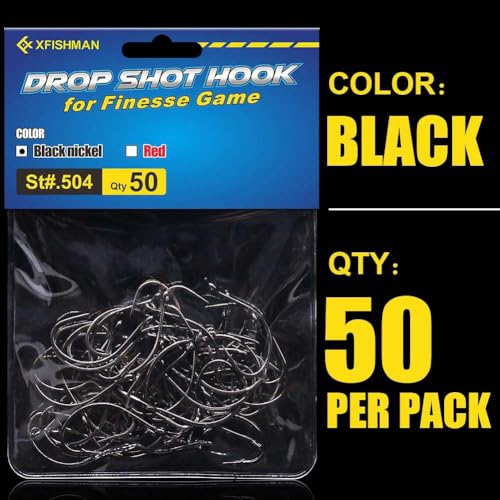 XFISHMAN Drop-Shot-Hooks-for-Bass-Fishing-Split-Shot-Dropshot-Hook-50 Pack - color: Black, size: #4