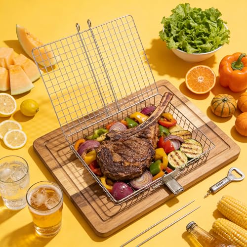 Grill Basket for Outdoor with Removable Handle,Stainless Steel BBQ Camping Cooking Accessories Tools for Meat Steak Fish Vegetable Shrimp, Gifts for Men Dad Husband