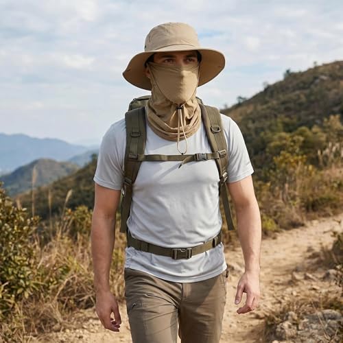 Fishing Hat with Summer Breathable Neck Gaiter, Wide Brim Sun Hat for Men & Women, Outdoor UV Sun Protection Hat & Face Mask - color: Khaki