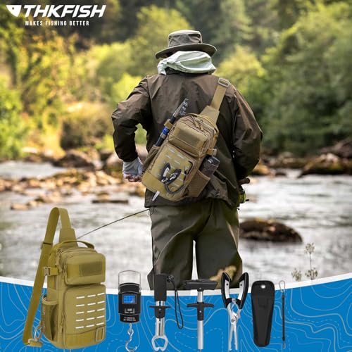 THKFISH 7Pcs Fishing Backpack with Fishing Pliers Kit, Tactical Fish Sling Tackle Bag Included Fishing Tackle kit, Digital Fishing Gear Weight Scale, Fish Hook Remover Tools - color: Black Camo