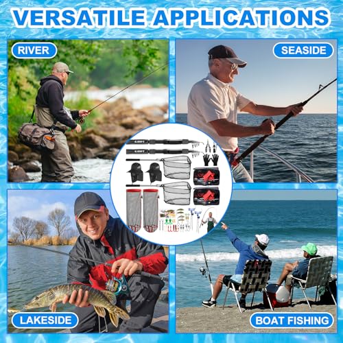 Father's Day Telescopic Fishing Rod Kit, 6.89ft/5.91ft 2 Pcs Collapsible Rod for Him with Landing Net, Tackle Bag, Gloves, Lures, Pliers, Gift for Dad for Saltwater Freshwater Fishing - size: 5.91 FT