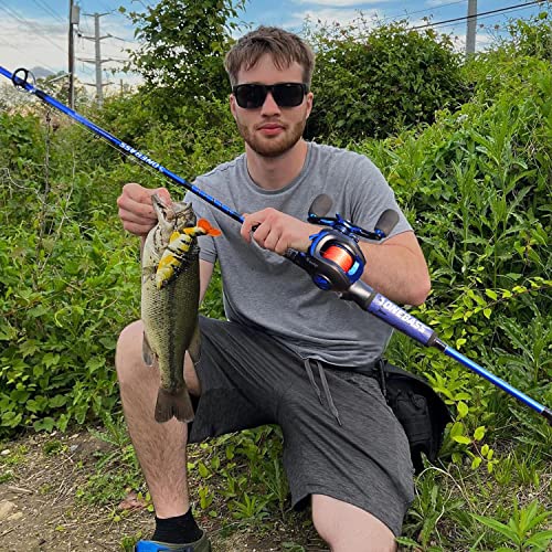 One Bass Fishing Rod Reel Combo, Baitcasting Fishing Pole with Graphite 2Pc Blanks - size: 7'0" Med Heavy - 2Pcs, style: Blue - Right Handed