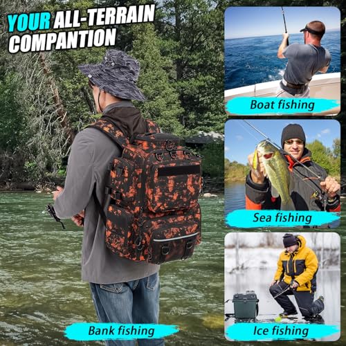Tactical Fishing Tackle Backpack with Tackle Boxes, Rod Holders & Bottle Holder, 50 L Large Fishing Tackle Box Backpack with Cooler, Fishing Bag with Trays Store Gear & Equipment, Mars CM - color: Mars CM