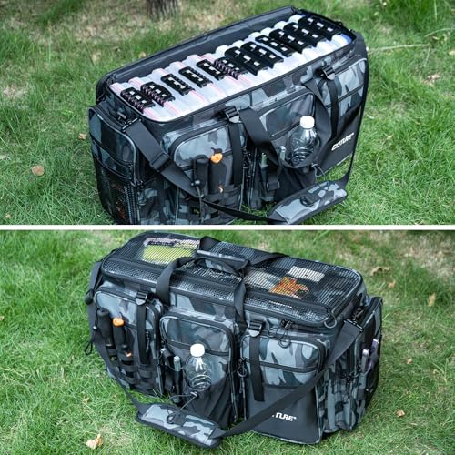 Goture Large Tackle Bag,Water Resistant Saltwater Gear Storage Big Fishing Bag with EVA Bottom,Store Up to 12PCS 3700 Plus 5PCS 3600 Tackle Trays(Not Included),Gifts for Men(26.38"x15.35"x11.42") - color: A2 Camo 1 XXL Without Trays