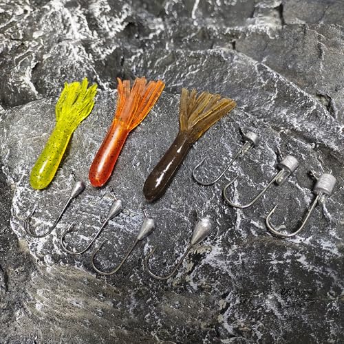 Eupheng Tube Baits for Bass Fishing, Soft Plastic Bait Worm Tube Jig Kit Tube Worms with Tube Jig Heads for Lake Trout Smallmouth Largemouth Bass - size: 3.5" tube(15)+1/8oz(5)+3/16oz(5)TUBE jigs