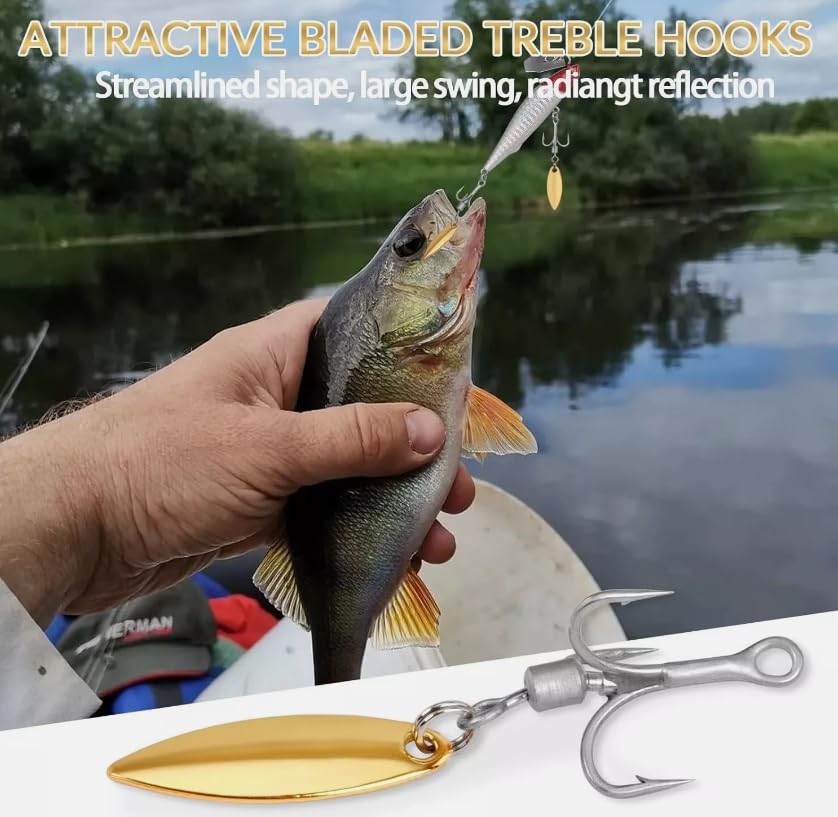 30pcs Bladed Treble Hooks Willow Blade Replacement Treble Hooks Trout Bass 6# Hook - color: Gold 30pcs