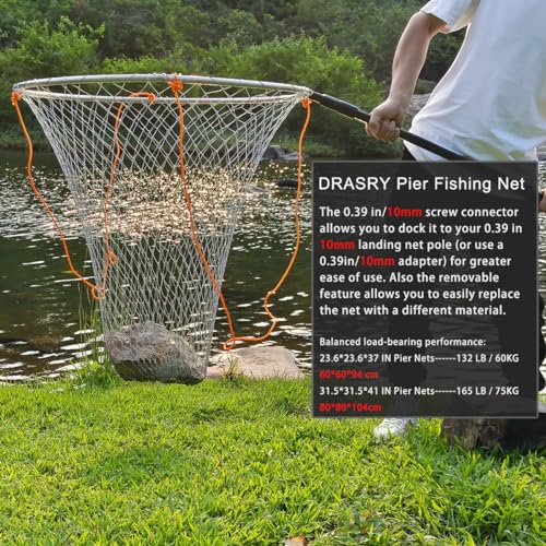 Drasry Foldable Bridge and Pier Fishing Landing Net - High Load-Bearing Aluminum Ring Drop Net for Saltwater Freshwater - Collapsible Basket With 49.2 FT Rope - color: silver, size: 31.5*31.5*41 IN / 80*80*104cm, style: 1.18*1.18 in Mesh