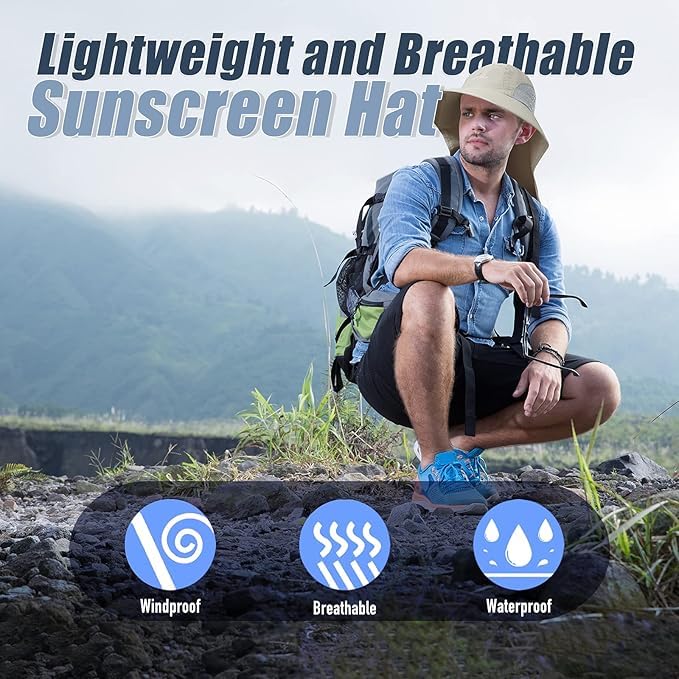 Outdoor Sun Hat for Men with 50+ UPF Protection Safari Cap Wide Brim Fishing Hat with Neck Flap, for Dad… - color: Light Grey*navy Blue