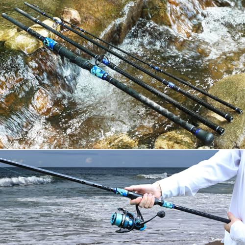 Sougayilang Surf Fishing Rod Portable Travel MH/H Surf Spinning Rod 4 Piece Carbon Fiber Saltwater Fishing Rod 10'/11'/12'/15' - color: blue, size: 12ft-Spinning-4Pc-H