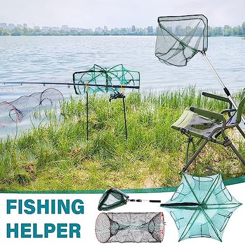 Windyun 3 Pcs Foldable Fishing Net Landing Net with Telescoping Pole Handle Collapsible Crab Trap Hexagon Fishing Bait Trap with Rope and Lure Bag for Crab Crayfish Shrimp - color: Army Green