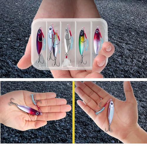 6Pcs Saltwater Fishing Lures with Box, Reflective Jigs Spoon Lure with Ultra-Sharp Treble Hooks, Ocean Salt Water Lures for Tuna, Salmon, Grouper, Snapper, Trolling & Jigging