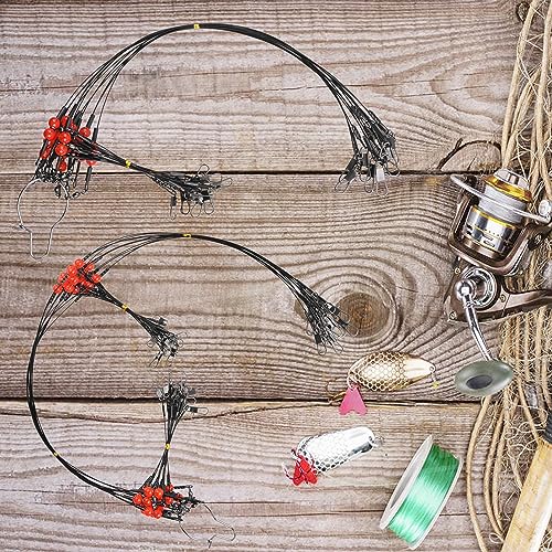 Fishing Leader Rigs Saltwater Freshwater Stainless Steel Wire Leader Fishing Rigs with Swivels Snaps Beads 1-3 Arms Saltwater Rig Wire Bottom rigs for Trolling Pier Surf Fishing Tackle - color: Black-1 Arm-12pcs