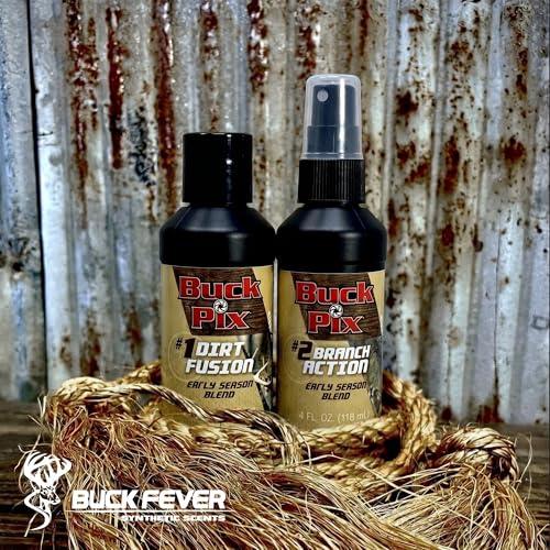 Buck Fever Buck Pix 2,3,4-Piece kit - Synthetic Deer Scent (4 oz Branch Action & 4 oz Dirt Fusion) for Whitetail & Mule - Non-Spoiling Deer Attractant for Outdoor Trail Camera - size: 2 - Piece Combo