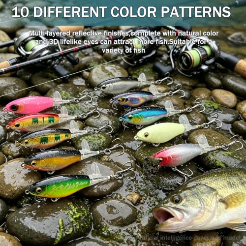 Kynzo Topwater Fishing Lures with Rotating Tail, Floating Bass Lures Hard Bait for Freshwater and Saltwater, Life-Like Surface Propeller Tail Spinner for Bass, Trout, Musky and Pike - color: A-10Pcs-lure