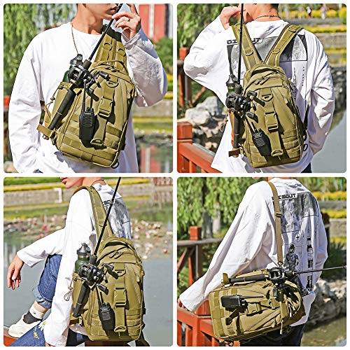 HUNTVP Fishing Sling Bag Lightweight Tackle Bag Small Fishing Backpack Tactical Shoulder Sling Bags for Men with Rod Holder - color: Brown2
