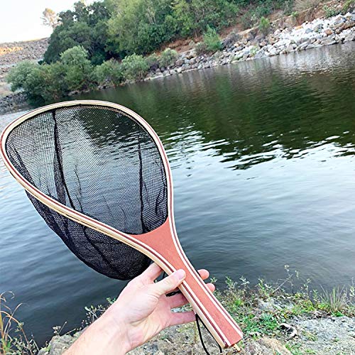 Fly Fishing Landing Net with Wood Handle Wooden Frame Soft Rubber Mesh or Waterproof Nylon Mesh Nets with Magnetic Release for Trout Bass Fish Catch and Release - color: Nylon Net with Magnetic Release