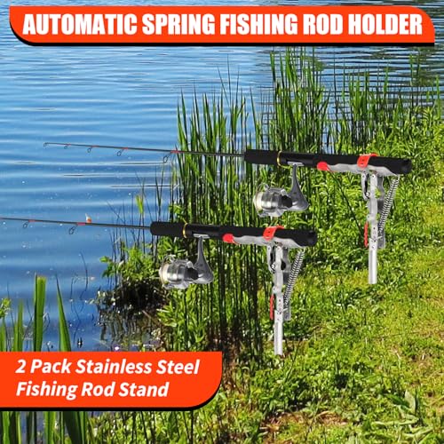 Automatic Spring Fishing Rod Holder, 2Pcs Stainless Steel Fishing Rod Stand, Adjustable Fishing Rod Holder with Single Spring for Loaded Tip-up Action for Ground Support Brackets, Fixed Bracket