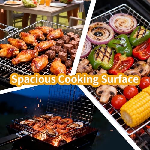 Square BBQ Fish Basket for Grilling suitable for camping | Portable stainless steel grill basket easy to clean, with a locking mechanism, and a heat-resistant wooden handle.