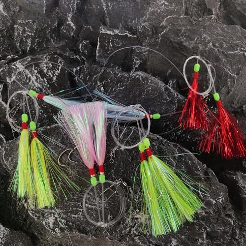 Eupheng Fluke Flounder Hi-Lo Rig, 3/0 5/0 5PCS Saltwater Fishing Bait Rigs with Mylar Teaser for Surf Ocean Fishing Sea Bass Halibut Rockfish Cod - size: Circle Hook-#5/0-5PCS