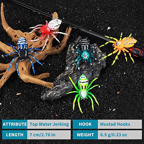 Soft Spider Bait, Bass Fishing Lure, Lifelike Skin Pattern, Bionic Weedless Strong Plastic Body, Barbed Hooks, for Bass Snakehead Pike Trout, 2.8in/ 0.23oz, 5 pcs