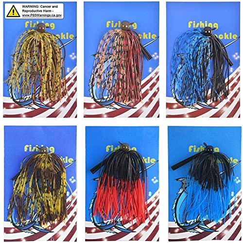 Bass Football Jigs Set-6pcs Weedless Jig Swim Jigs for Bass Fishing Jig Head Silicone Skirts Weedguard System Fishing Lure Kit 1/4oz,3/8oz - size: 6packs-3/8oz