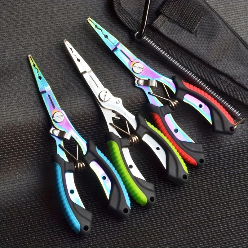 Multifunctional Stainless Steel Fishing Pliers, Curved Jaw with Titanium Split Ring Cutter, Line Scissors & Non-Slip Handle for Saltwater(red 1set) - color: Red