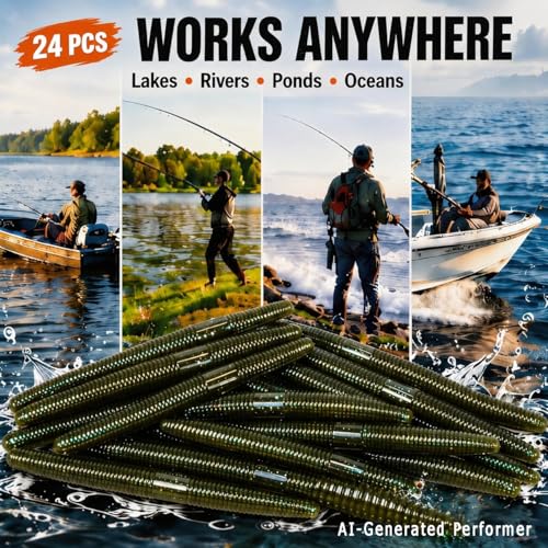 Soft Plastic Bass Fishing Lures 5" - Salt Infused Stick Bait, Fall Rate for Wacky/Texas/Carolina Rig, Saltwater Soft Plastic Swimbaits, Bass Lures Soft Plastic Freshwater (24Pcs) - color: Olive Green