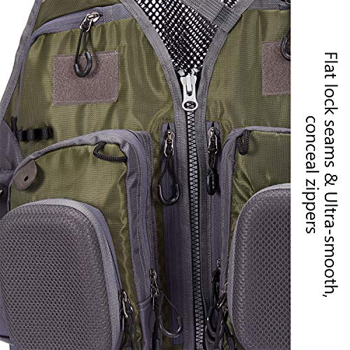BASSDASH Strap Fishing Vest Adjustable for Men and Women, for Fly Bass Fishing and Outdoor Activities - color: Army Green With Hard Shell Flies Pockets