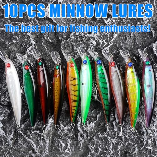 Fishing Lures Kit,10pcs Hard Minnow Baits Crankbaits Deep Diving Jerkbait Swimbait Set with Treble Hooks for Bass Walleye Trout Pike Saltwater Freshwater Surf Fishing Lures