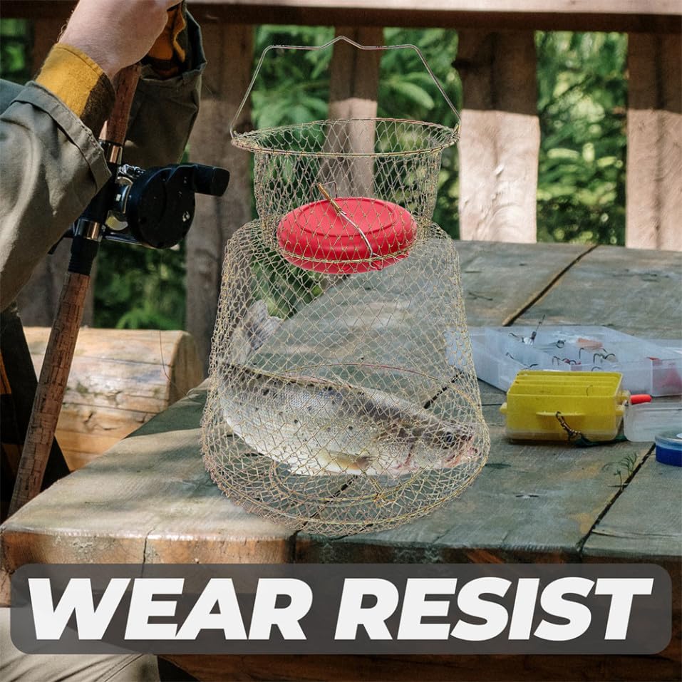 SUPVOX Metal Fish Basket Wire Mesh Fishing Cage Crab Keeper with Floaters Portable Collapsible Fish Keeper for Fishing Enthusiasts