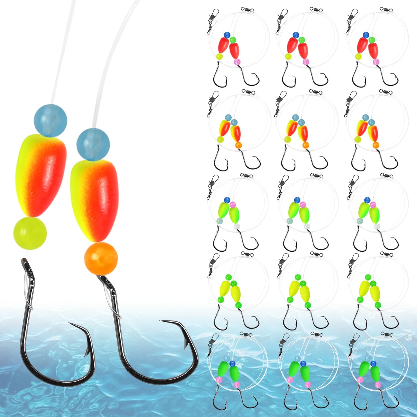 Pompano Rigs for Surf Fishing Saltwater Pre-Rigged Fishing Rigs with Floats Beads Double Circle Hook Surf Fishing Tackle 5/12/15PCS - color: 5 colors-15pcs